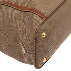 Pre Owned Prada Khaki Brown/Tan Logo Jacquard Canvas and Leather Tote