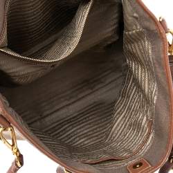 Pre Owned Prada Khaki Brown/Tan Logo Jacquard Canvas and Leather Tote