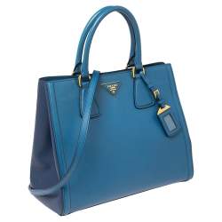 Pre Owned Prada Two Tone Blue Saffiano Leather Double Handle Tote