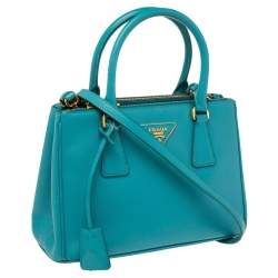 Pre Owned Prada Turquoise Saffiano Lux Leather Small Galleria Double Zip Tote