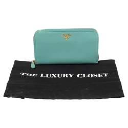 Pre Owned Prada Pale Green Saffiano Lux Leather Zip Around Wallet