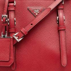 Pre Owned Prada Red Saffiano Cuir Leather Medium Double Handle Tote