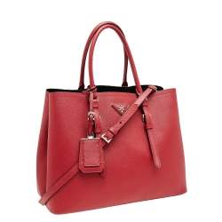 Pre Owned Prada Red Saffiano Cuir Leather Medium Double Handle Tote