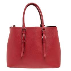 Pre Owned Prada Red Saffiano Cuir Leather Medium Double Handle Tote