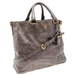 Pre Owned Prada Grey Vitello Shine Leather Top Handle Bag