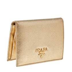 مملوكة مسبقًا Prada Metallic Gold Saffiano Leather Flap Compact Wallet