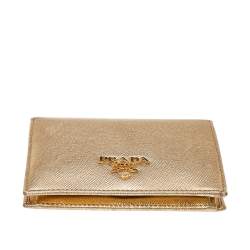 مملوكة مسبقًا Prada Metallic Gold Saffiano Leather Flap Compact Wallet