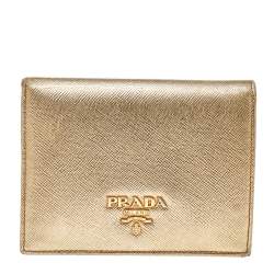 مملوكة مسبقًا Prada Metallic Gold Saffiano Leather Flap Compact Wallet