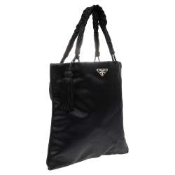 Pre Owned Prada Navy Blue/Black Satin Tassel Knitted Handle Tote