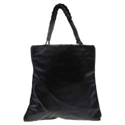 Pre Owned Prada Navy Blue/Black Satin Tassel Knitted Handle Tote