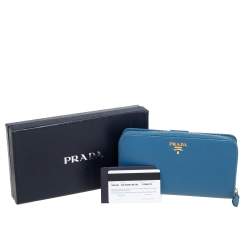 Pre Owned Prada Light Blue Saffiano Metal Zip Around Wallet