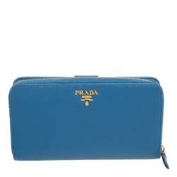 Pre Owned Prada Light Blue Saffiano Metal Zip Around Wallet