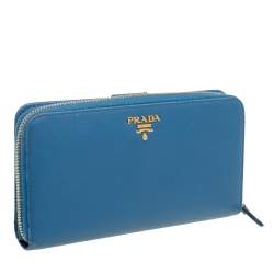 Pre Owned Prada Light Blue Saffiano Metal Zip Around Wallet