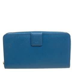 Pre Owned Prada Light Blue Saffiano Metal Zip Around Wallet