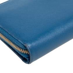 Pre Owned Prada Light Blue Saffiano Metal Zip Around Wallet