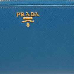 Pre Owned Prada Light Blue Saffiano Metal Zip Around Wallet
