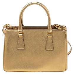 Pre Owned Prada Metallic Gold Saffiano Lux Leather Small Galleria Double Zip Tote