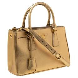 Pre Owned Prada Metallic Gold Saffiano Lux Leather Small Galleria Double Zip Tote