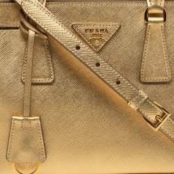 Pre Owned Prada Metallic Gold Saffiano Lux Leather Small Galleria Double Zip Tote