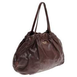 Pre Owned Prada Brown Leather Drawstring Shopper Tote