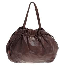 Pre Owned Prada Brown Leather Drawstring Shopper Tote