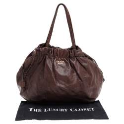 Pre Owned Prada Brown Leather Drawstring Shopper Tote
