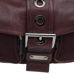 Pre Owned Prada Burgundy Leather And Nylon Buckle Flap Shoulder Bag