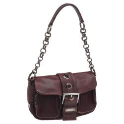 Pre Owned Prada Burgundy Leather And Nylon Buckle Flap Shoulder Bag