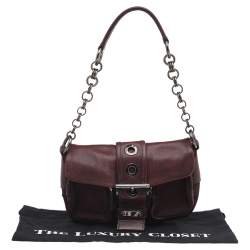 Pre Owned Prada Burgundy Leather And Nylon Buckle Flap Shoulder Bag