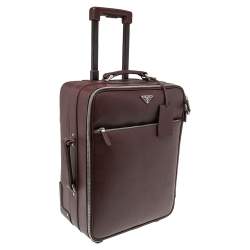 Pre Owned Prada Burgundy Saffiano Leather Travel Trolley Rolling Luggage