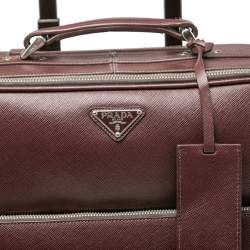 Pre Owned Prada Burgundy Saffiano Leather Travel Trolley Rolling Luggage