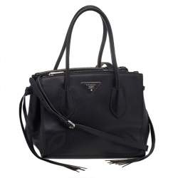 Pre Owned Prada Black Leather Stitch Double Zip Tote