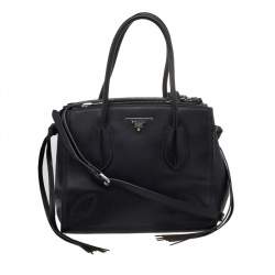 Pre Owned Prada Black Leather Stitch Double Zip Tote