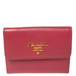 Pre Owned Prada Pink Saffiano Metal Leather Card Holder Wallet