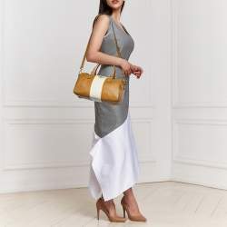 Pre Owned Prada Beige/White Perforated Leather Bauletto Satchel