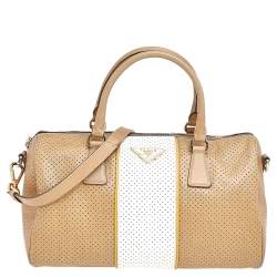 Pre Owned Prada Beige/White Perforated Leather Bauletto Satchel