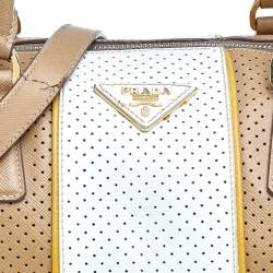 Pre Owned Prada Beige/White Perforated Leather Bauletto Satchel