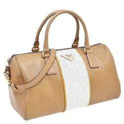 Pre Owned Prada Beige/White Perforated Leather Bauletto Satchel