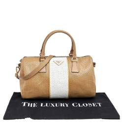 Pre Owned Prada Beige/White Perforated Leather Bauletto Satchel