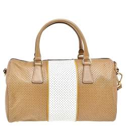 Pre Owned Prada Beige/White Perforated Leather Bauletto Satchel