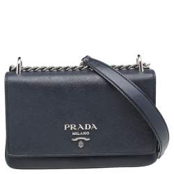 Prada Navy Blue Soft Calf And Saffiano Lux Leather Flap Crossbody Bag Prada
