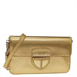 Pre Owned Prada Metallic Gold Leather Flap Crossbody Bag