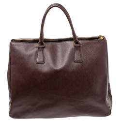 Pre Owned Prada Burgundy Saffiano Leather Executive Double Zip Tote
