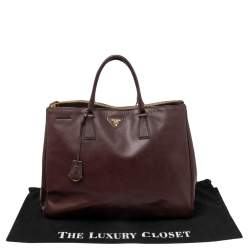 Pre Owned Prada Burgundy Saffiano Leather Executive Double Zip Tote