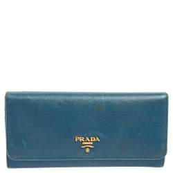 Pre Owned Prada Blue Saffiano Metal Leather Flap Continental Wallet