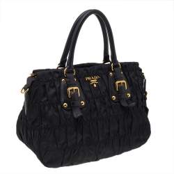 Pre Owned Prada Black Nylon And Leather Gaufre Tote