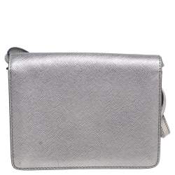 Pre Owned Prada Silver Saffiano Leather Mini Crossbody Bag