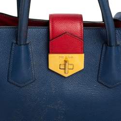 Pre Owned Prada Blue/Red Saffiano Leather Double Handle Tote