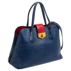 Pre Owned Prada Blue/Red Saffiano Leather Double Handle Tote