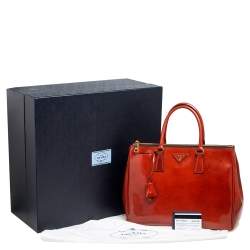 Pre Owned Prada Arancio Spazzolato Leather Large Fume Double Zip Tote